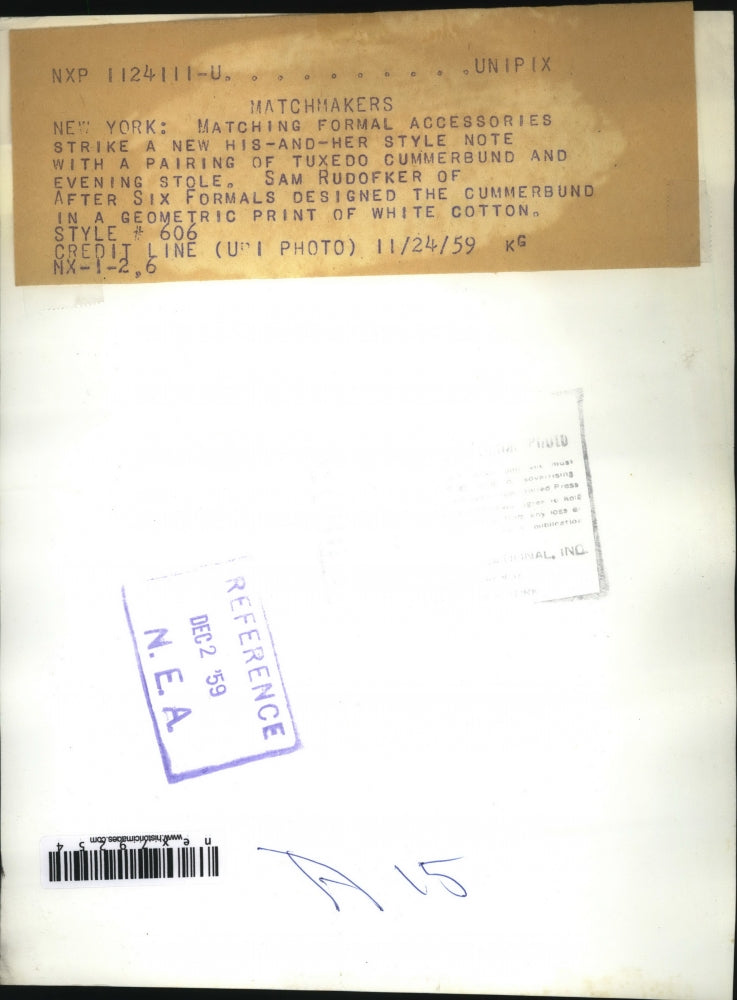 1959 Press Photo NYC Formal his & hers fashions by Sam Rudofker & After Six