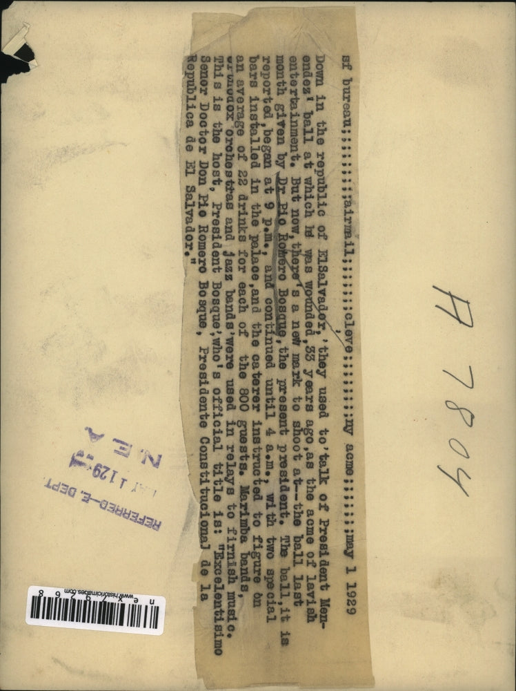 1929 Press Photo Dr Pio Romero Bosque Pres of El Salvadore