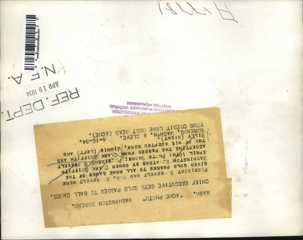 1934 Press Photo Pres Roosevelt, Clark Griffithm sons Jim & Billy in Wash DC