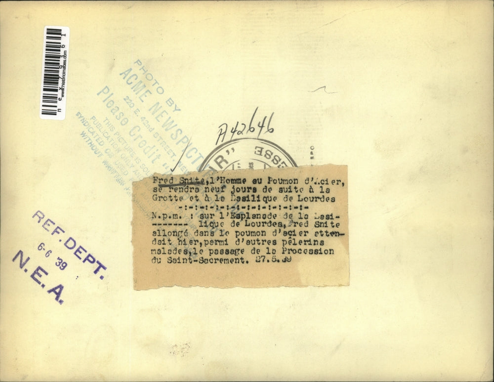 1939 Press Photo Fred Snite Jr in Iron Lung in Trailer at Lourdes