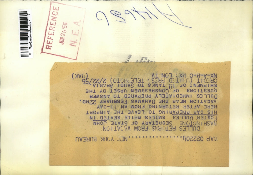 1956 Press Photo Secretary of State John Foster Dulles Returns from Bahamas