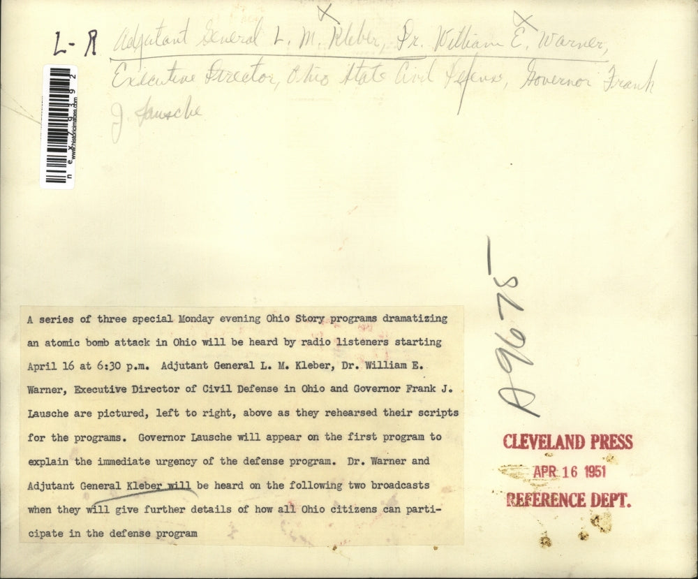 1951 Press Photo General Kleber, Dr Warner & Governor Lausche on Radio Program