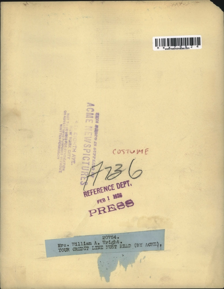 1926 Press Photo Mrs William A Wright in Formal Costume Feather Headdress