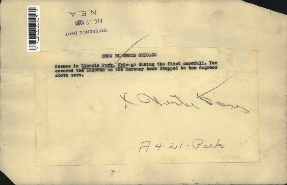 1930 Press Photo Snow Scene in Lincoln Park Chicago