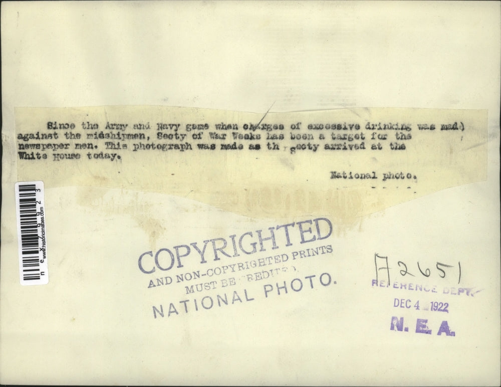 1922 Press Photo Secy of War Weeks arrives at the White House