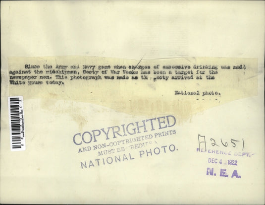 1922 Press Photo Secy of War Weeks arrives at the White House