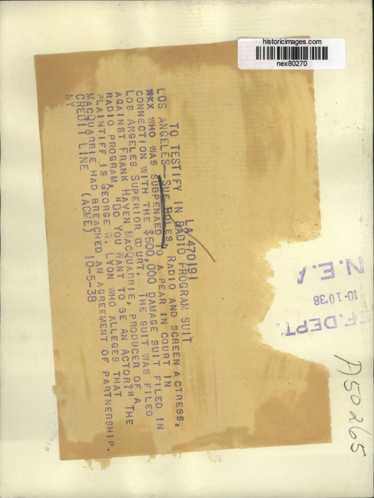 1938 Press Photo LA Calif Sue Boles radio & screen actress at court