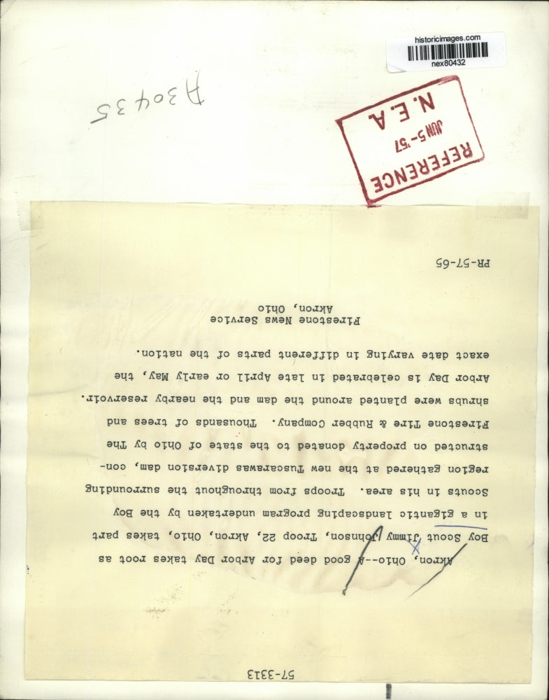 1957 Press Photo Akron Ohio Boy Scout Jimmy Johnson on Arbor day