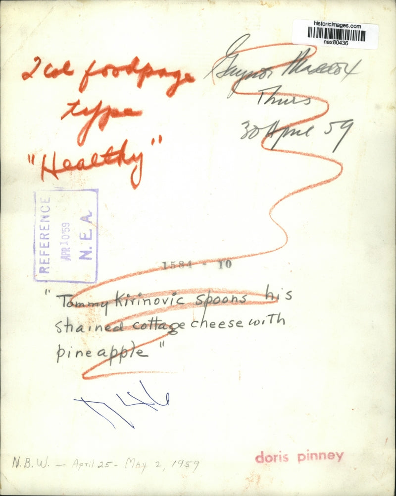 1959 Press Photo Tommy Kirinovic eats cottage cheese & pineapple