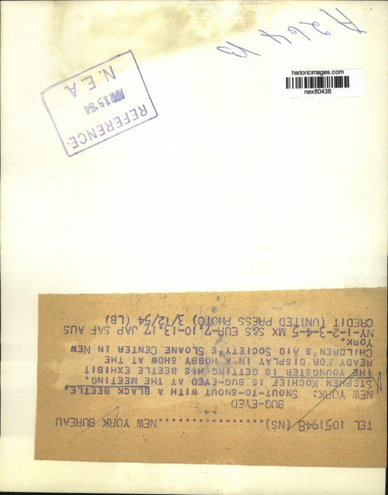 1954 Press Photo NYC Stephen Kochief & a beetle on his nose