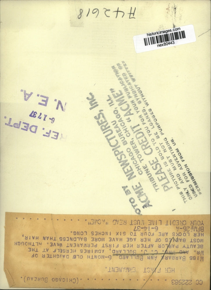 1937 Press Photo Barbara Ann Bullard 6 Months Old With New Hairdo