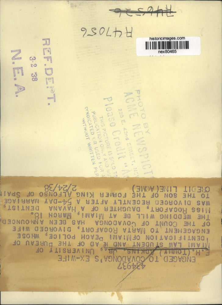 1938 Press Photo EH Tommy Adkins Jr Miami Bureau of ID engaged to M Rocafort