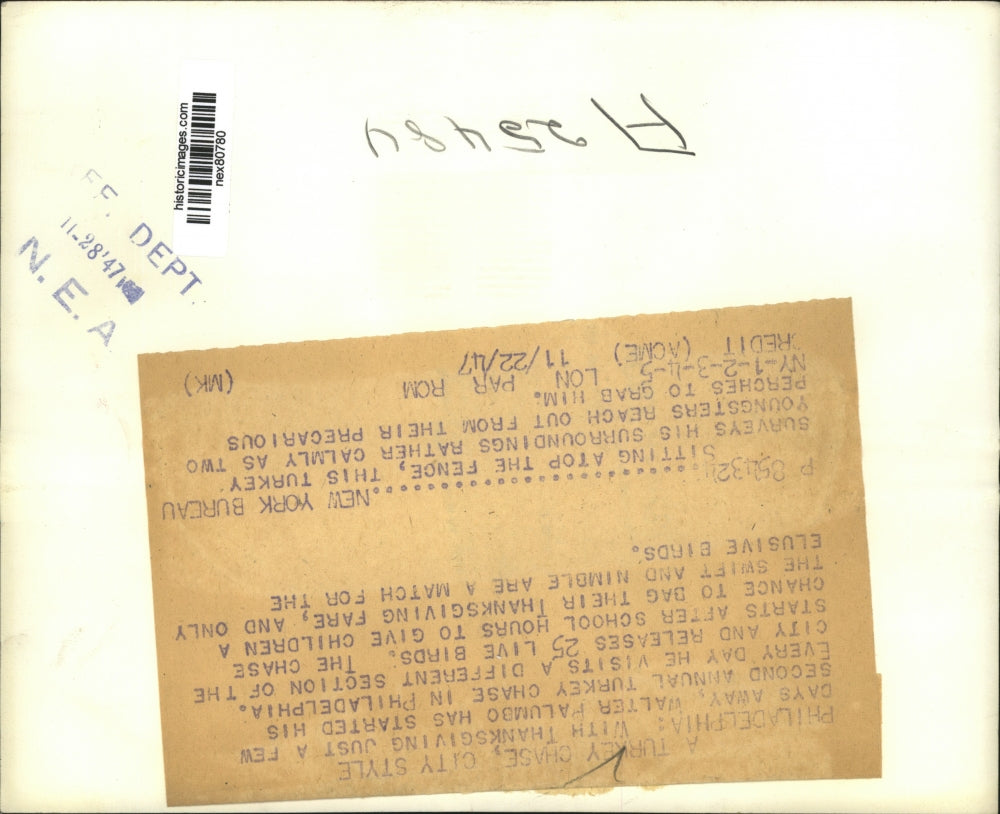 1947 Press Photo Philadelphia Pa Walter Palmbo a turkey chase for Thanksgiving