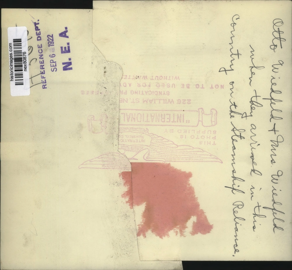 1922 Press Photo Otto Wiedfeld & Mrs Wiedfeld Arriving in America