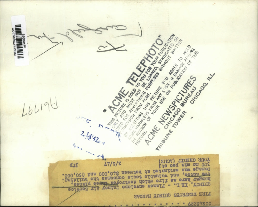 1947 Press Photo Quincy Ill flames at Air Service hangar fire