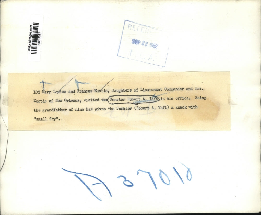 1952 Press Photo Mary L & Frances Eustis & Senator Robert Taft of Ohio