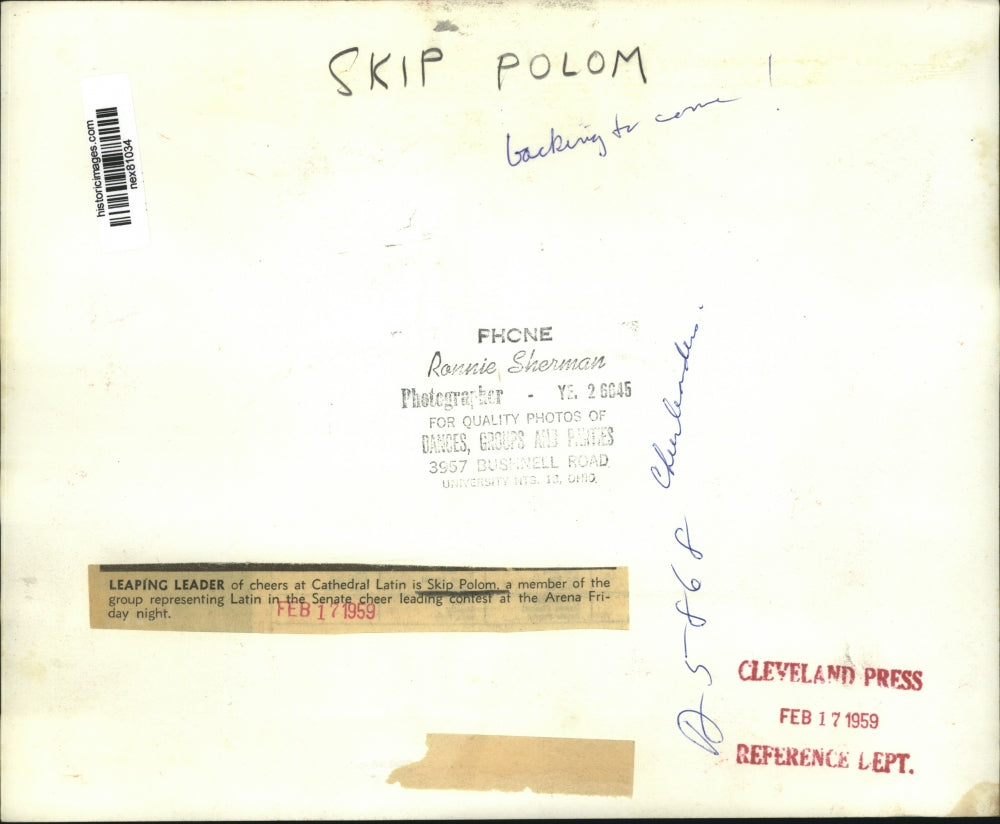 1959 Press Photo Skip Polom at Cathedral Latin cheer contest in Ohio