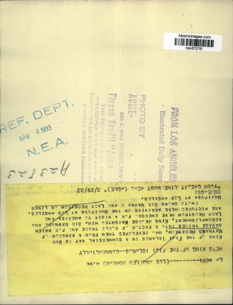 1933 Press Photo Sir Maynard Hedstrom & Lady Hedstrom arrive in LA Calif