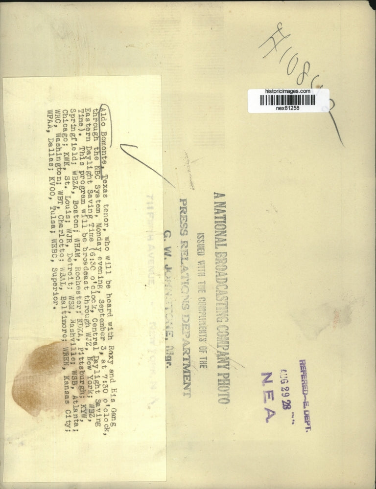 1928 Press Photo Aldo Bomonte Texas tenor on NBC program