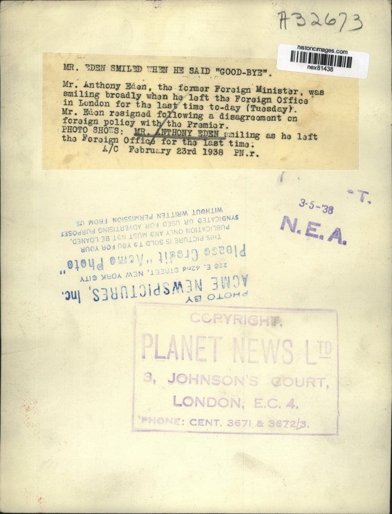 1938 Press Photo Former British Foreign Minister Anthony Eden - nex81438