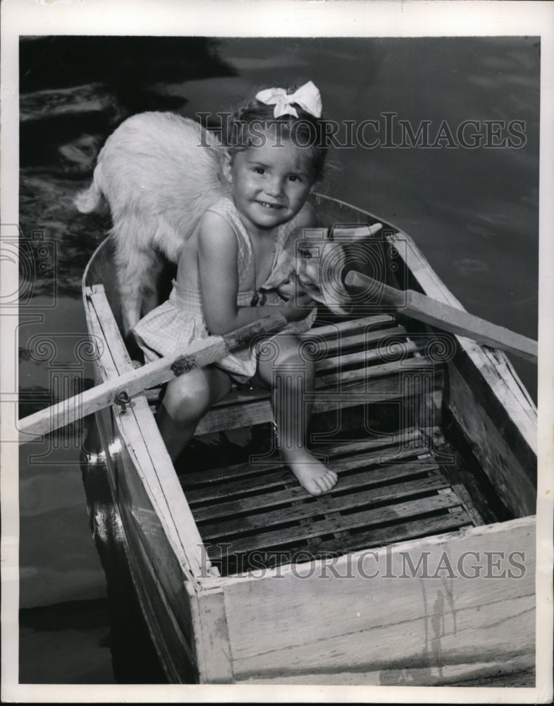 Load image into Gallery viewer, 1949 Press Photo Marie Christine Choserot &amp; Goat on a Boat in France
