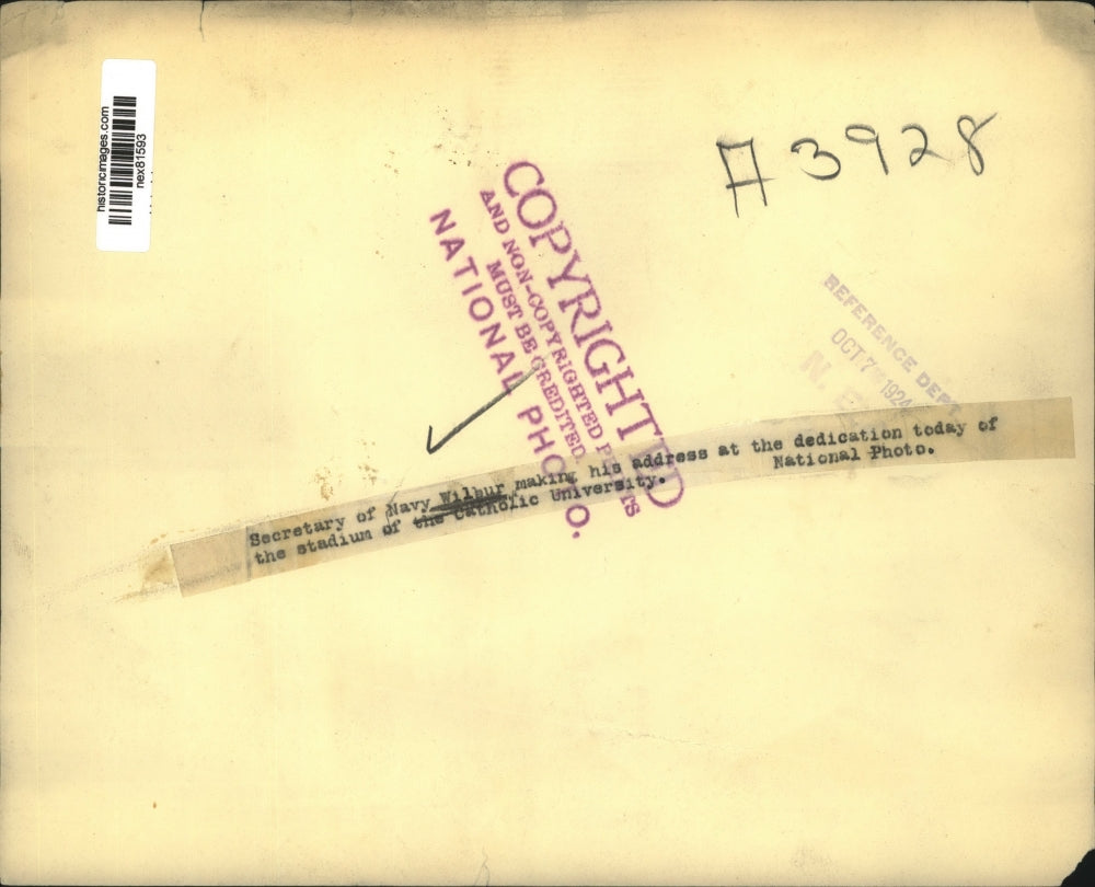 1924 Press Photo Sec of he Navy Wilbur at stadium dedication Catholic Univ