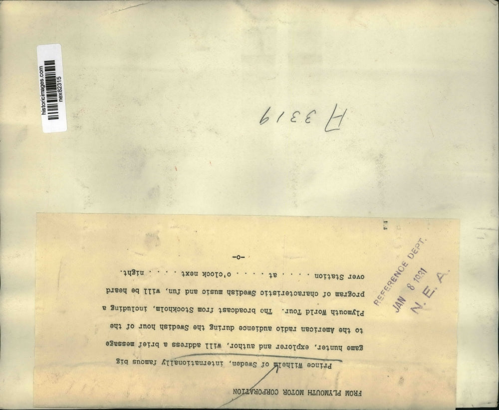 1931 Press Photo Prince Wilhelm of Sweden to make radio broadcast