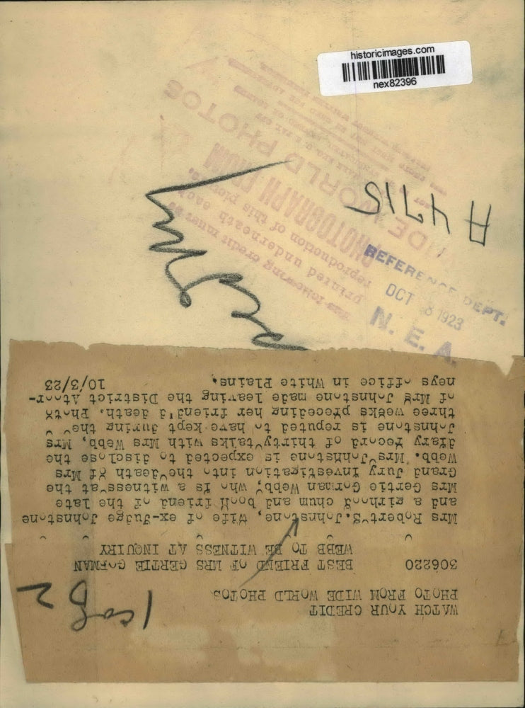 1923 Press Photo Mrs Robert S Johnstone witness atinquiry to GG Webb death NY