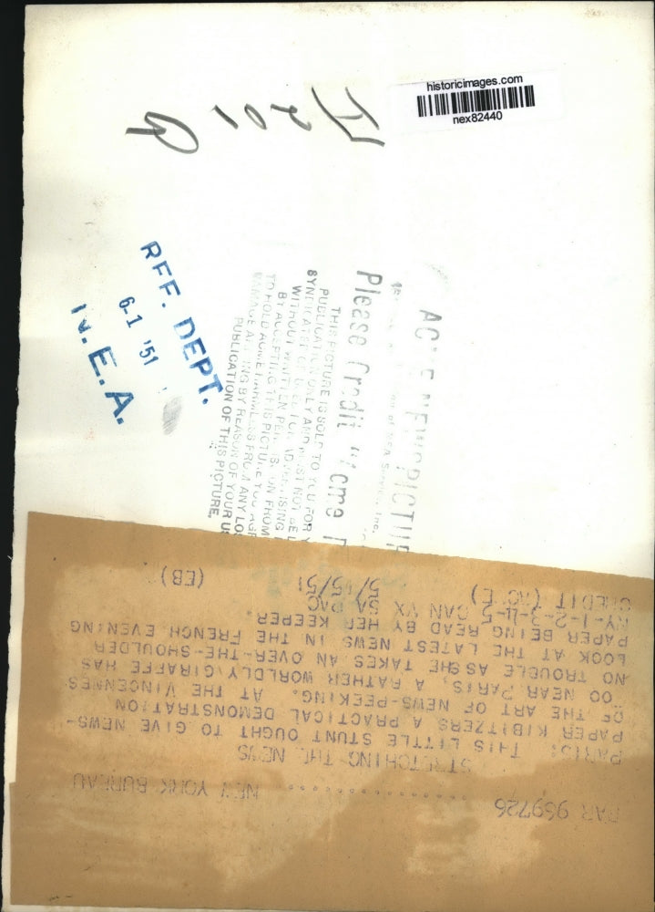 1951 Press Photo Paris Vincennes zoo giraffe & her keeper read a paper