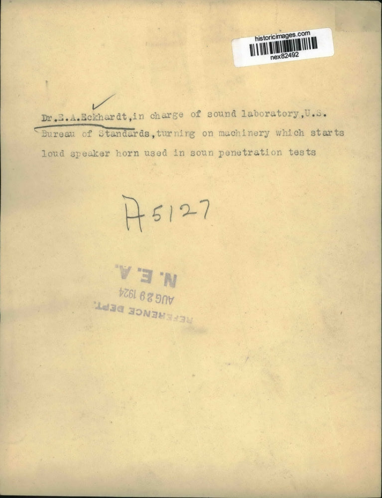 1924 Press Photo Dr EA Eckhardt sound lans at Bureau of Standards - nex82492