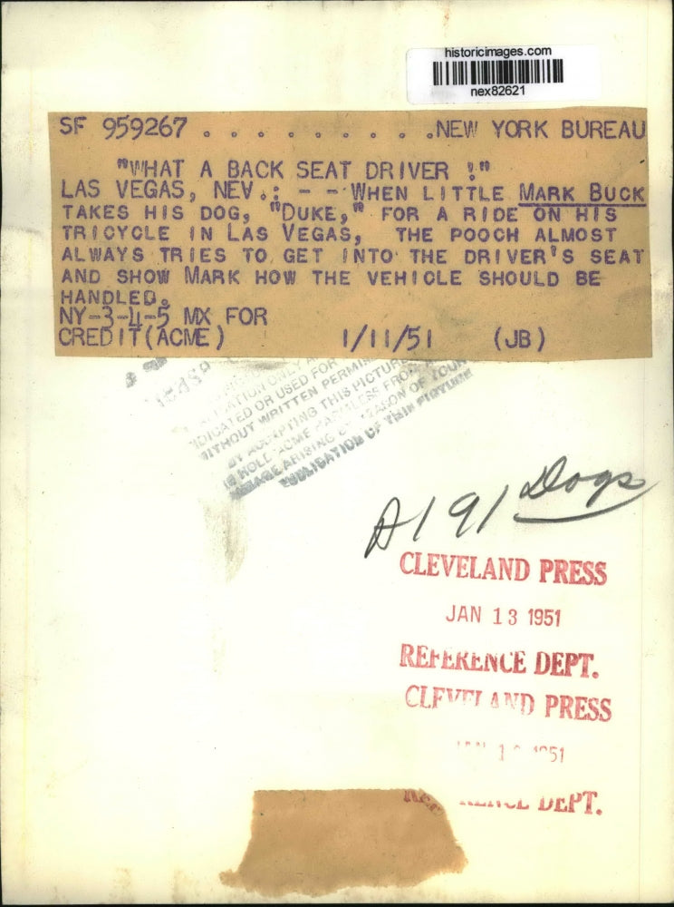 1951 Press Photo Las Vegas Nev Mark Buck & his dog Duke on tricycle