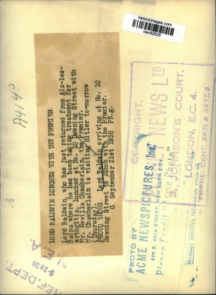 1938 Press Photo Lord Baldwin arrives at No 10 Dowing Street - nex82628