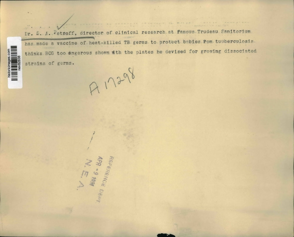 1931 Press Photo Dr SA Petroff clinical research Tredeau Sanitorium