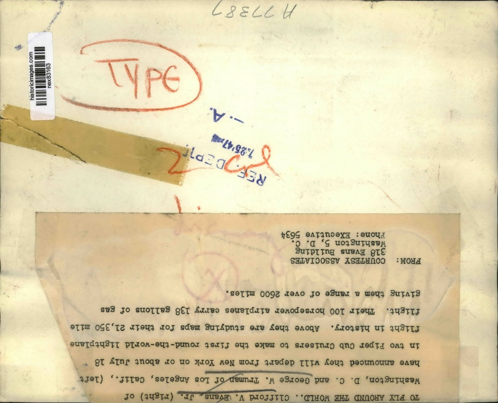 1947 Press Photo Clifford Evans Jr & George Truman to fly round the world