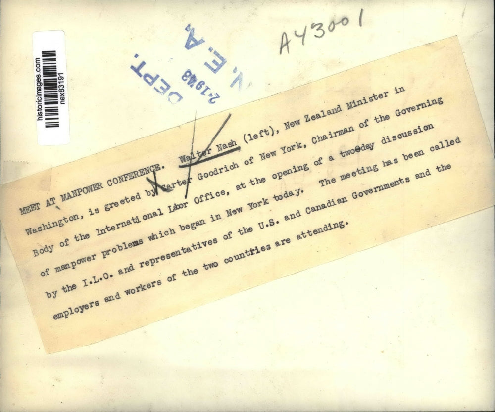 1943 Press Photo Manpower conference Walter Nash New Zealand & Carter Goodrich