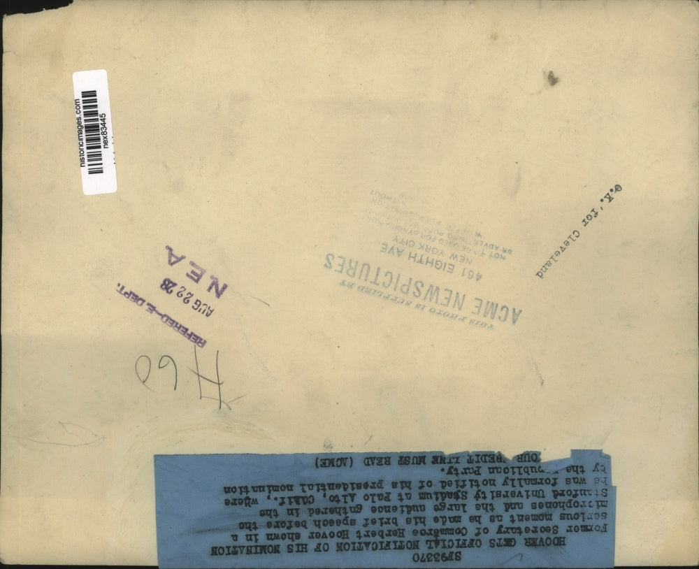 1928 Press Photo Former Commerce Secy Herbert Hoover at Palo Alto Calif