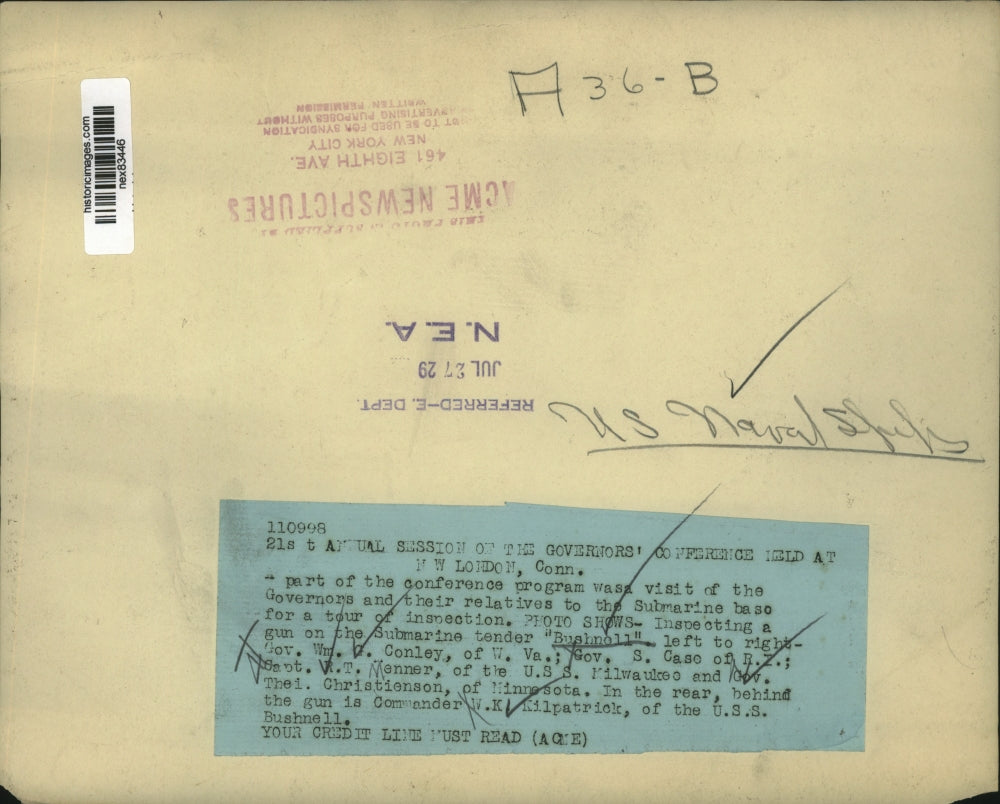 1929 Press Photo Sub tender Bushnell, Gov Wm Conley of W Va, RI Gov Case