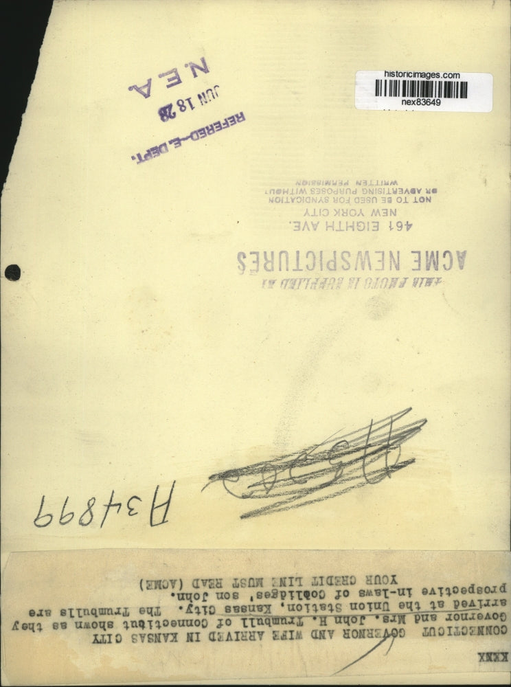 1928 Press Photo Governor & Mrs John H Trumbull of Conn in Kansas City visit