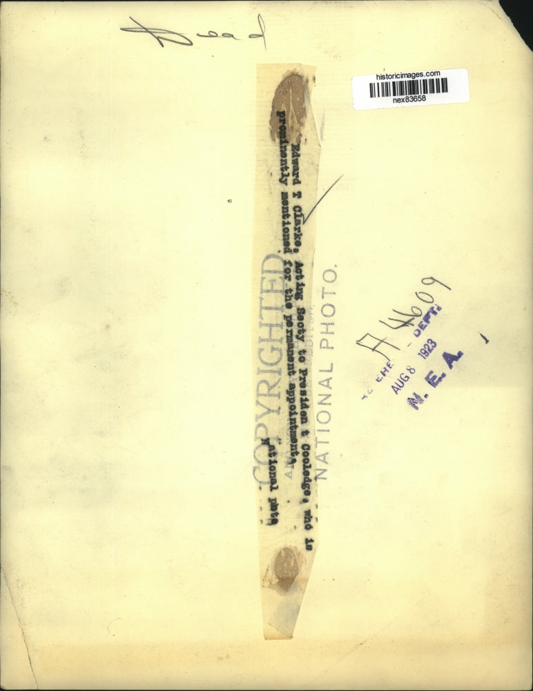 1923 Press Photo Edward T Clarke Acting Secy to President Coolidge