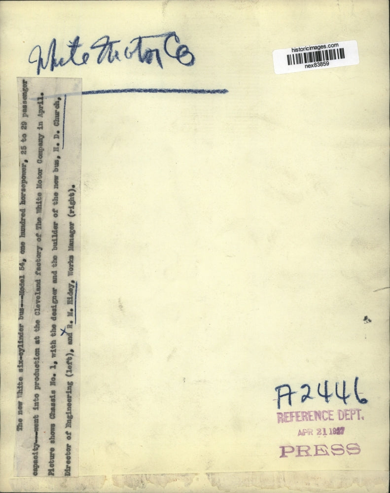 1927 Press Photo HD Church, RM Hidey & White Motors new Model 54