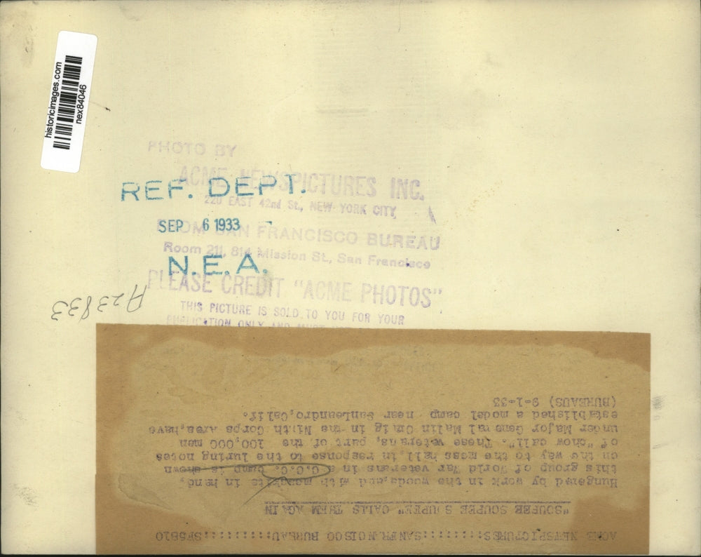 1933 Press Photo CCC camp & men on way to chow hall San Leandro Calif