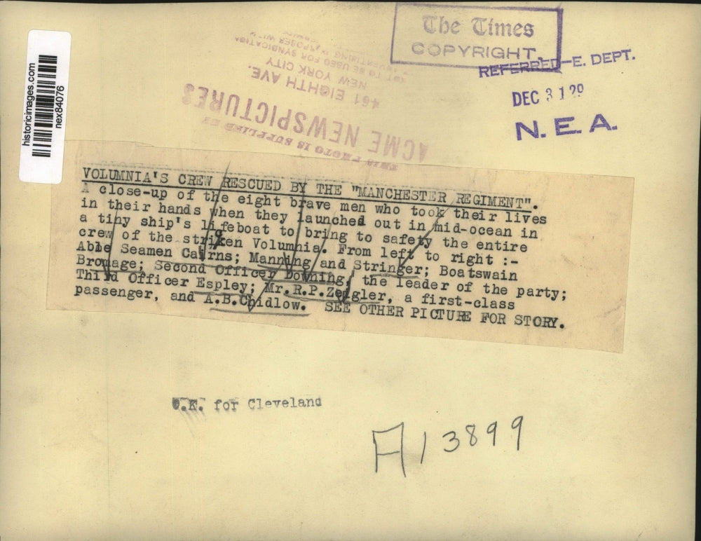 1929 Press Photo Volumnia crew rescued by Manchester Regiment