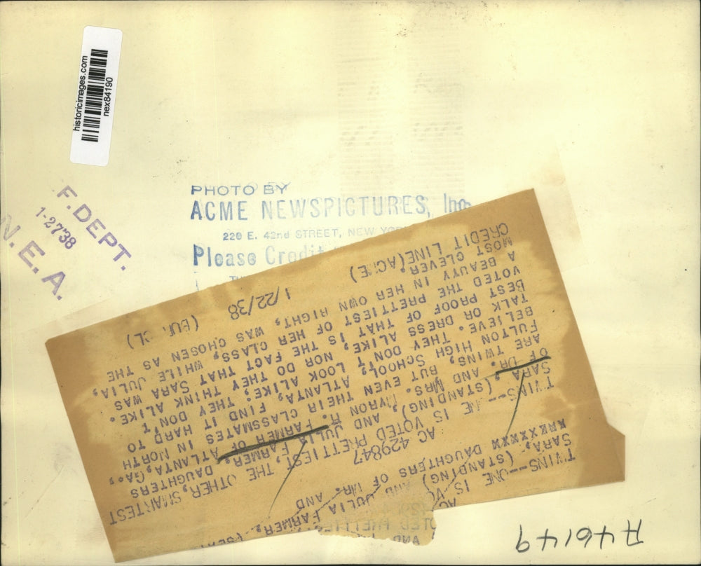 1938 Press Photo Sara & Julia Farmer Fulton HS Atlanta Ga twins