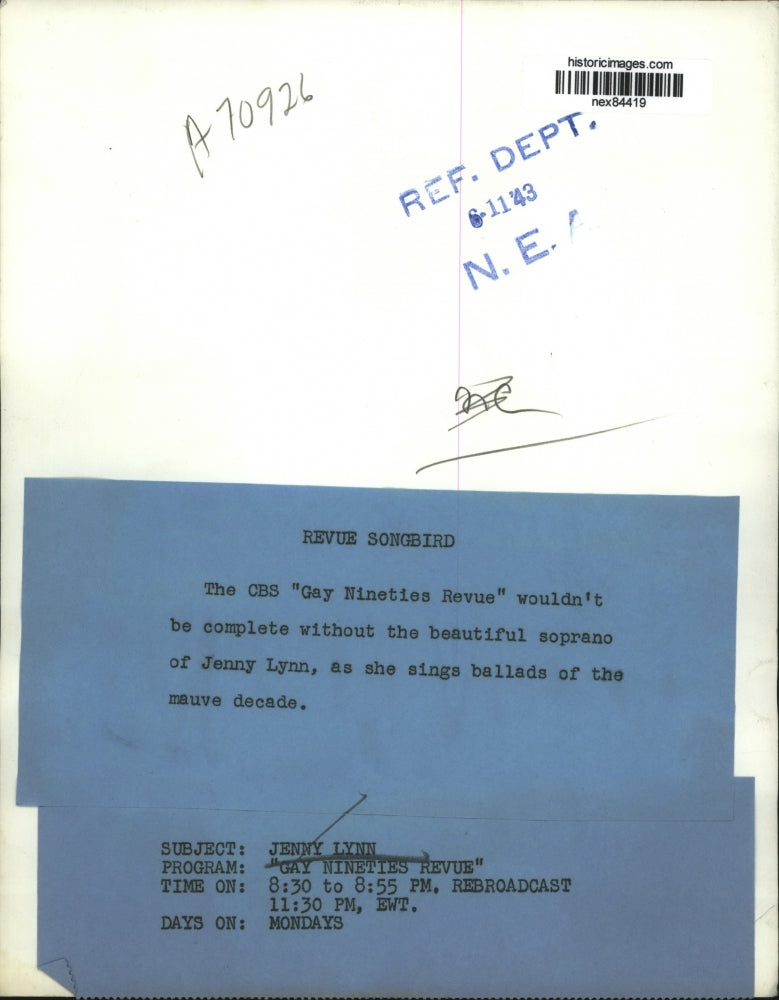 1943 Press Photo CBS Gay Nineties Revue soprano Jenny Lynn