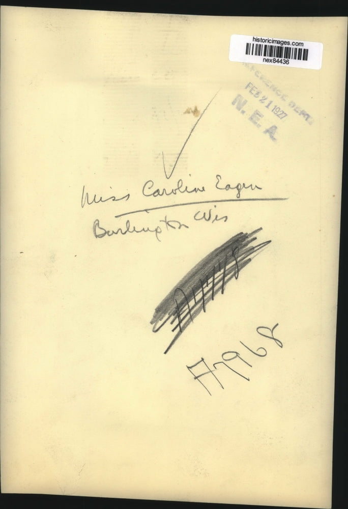 1927 Press Photo Miss Caroline Eagan Burlington Wisconsin - nex84436