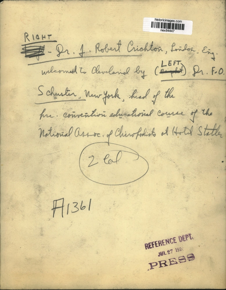 1926 Press Photo Dr Robert Crichton on rt & Dr FO Shuster chrropractors