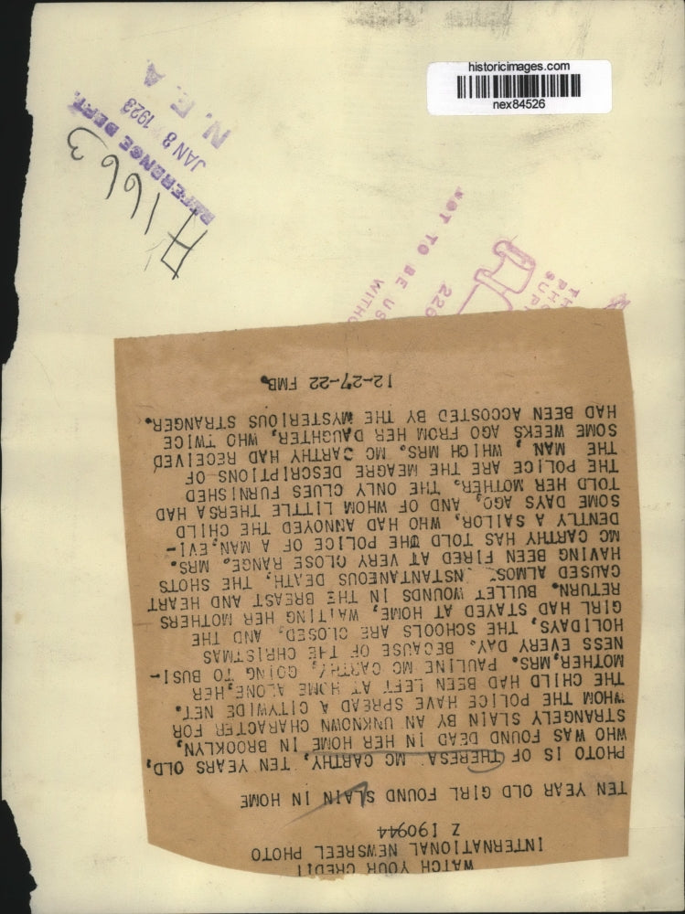 1922 Press Photo Theresa McCarthy age 10 before found dead in Brooklyn