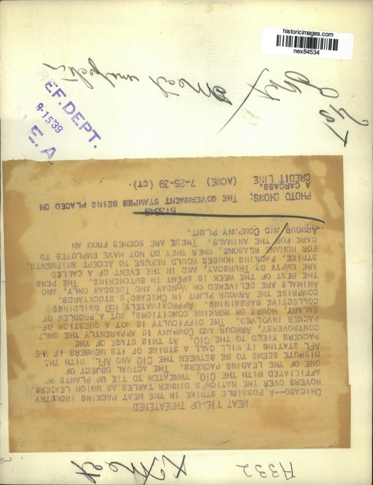 1939 Press Photo Chicago Armour & Co plant butcher inspects hogs