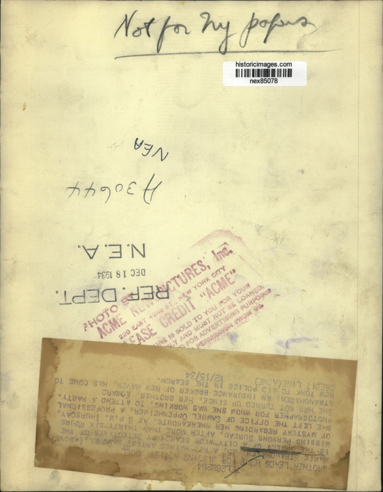 1934 Press Photo Marie Strandhagen artist missing in NYC