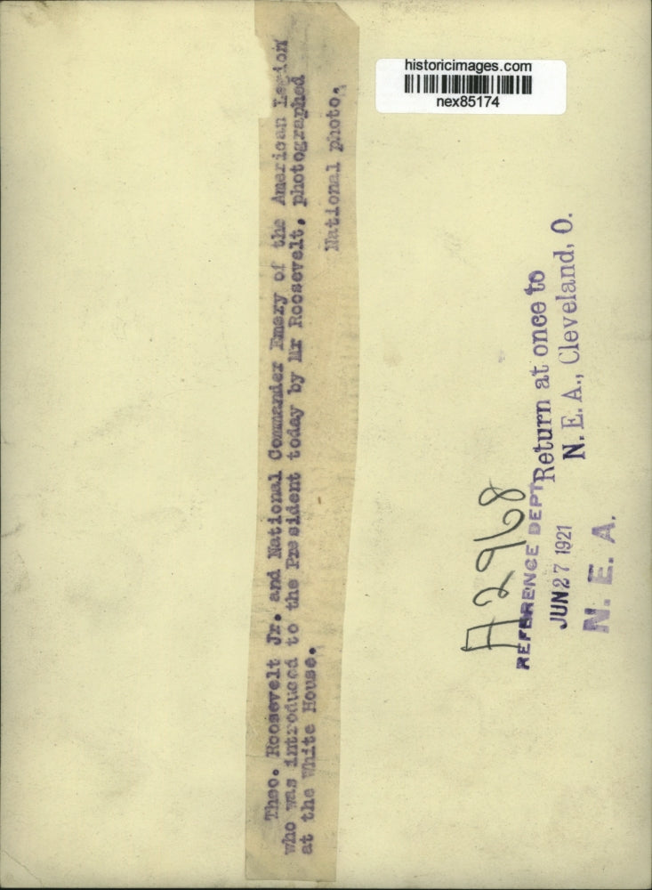 1921 Press Photo Theodore Roosevelt & Natl Cmdr Emery of American Legion